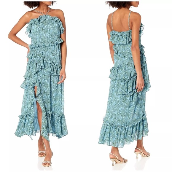 Cinq a Sept Rayner Midi Dress Halter Womens Size 6 Blue Print Tiered Ruffle - Picture 1 of 15